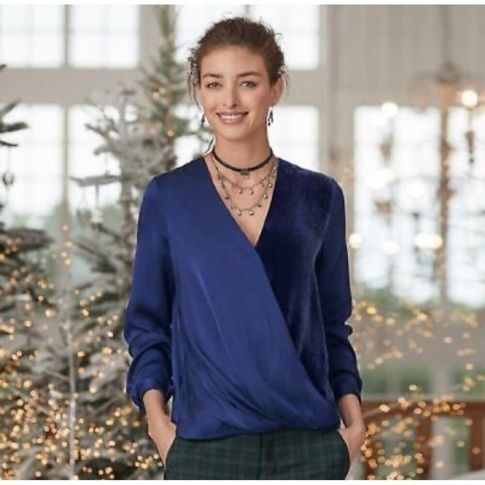 Sundance Blended Paths Blue 100% SILK Velvet Faux Wrap Top Women's MEDIUM Hi Low